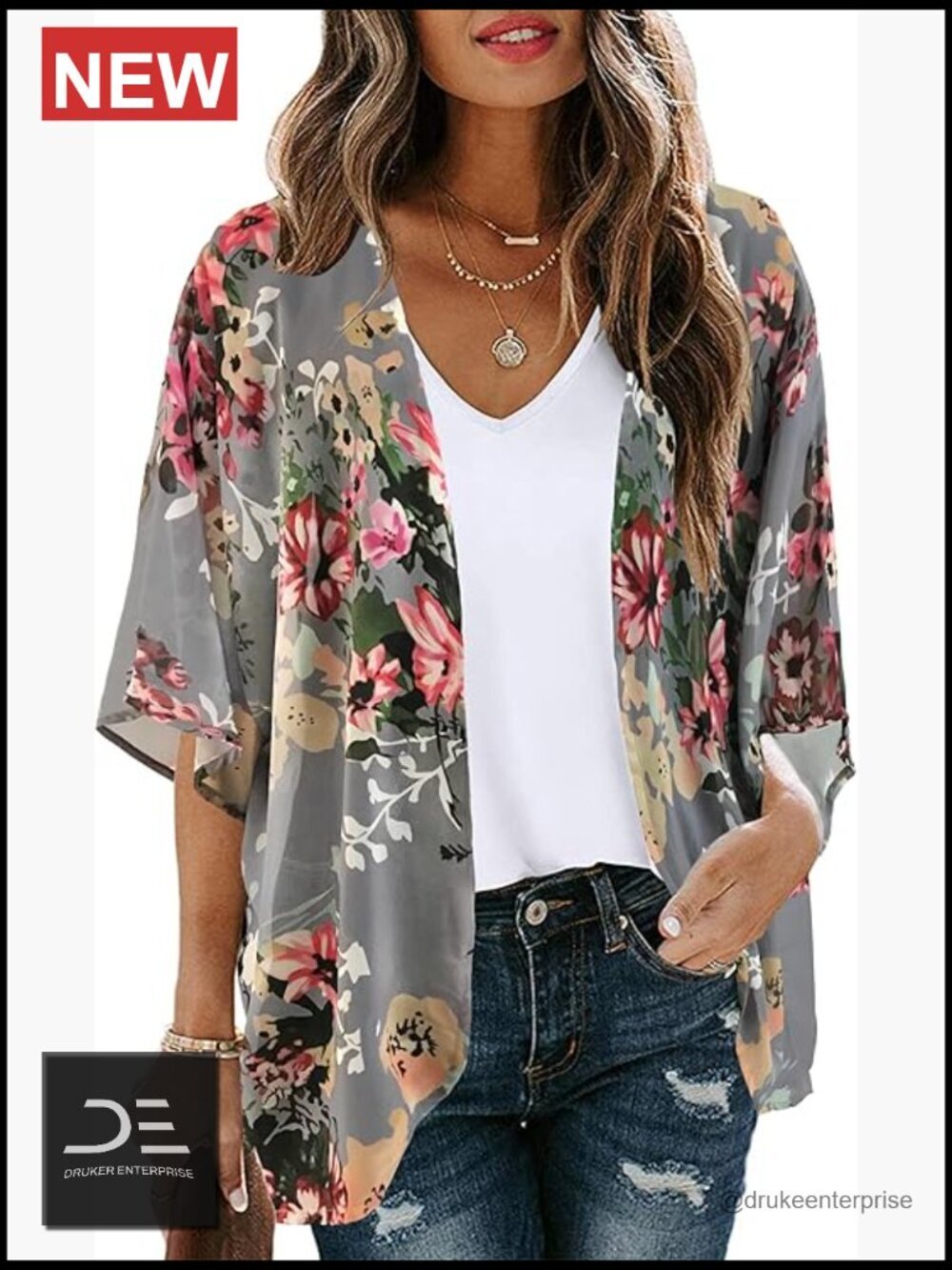 Floral Chiffon Puff Sleeve Kimono Cardigan Loose Cover Up Blouse